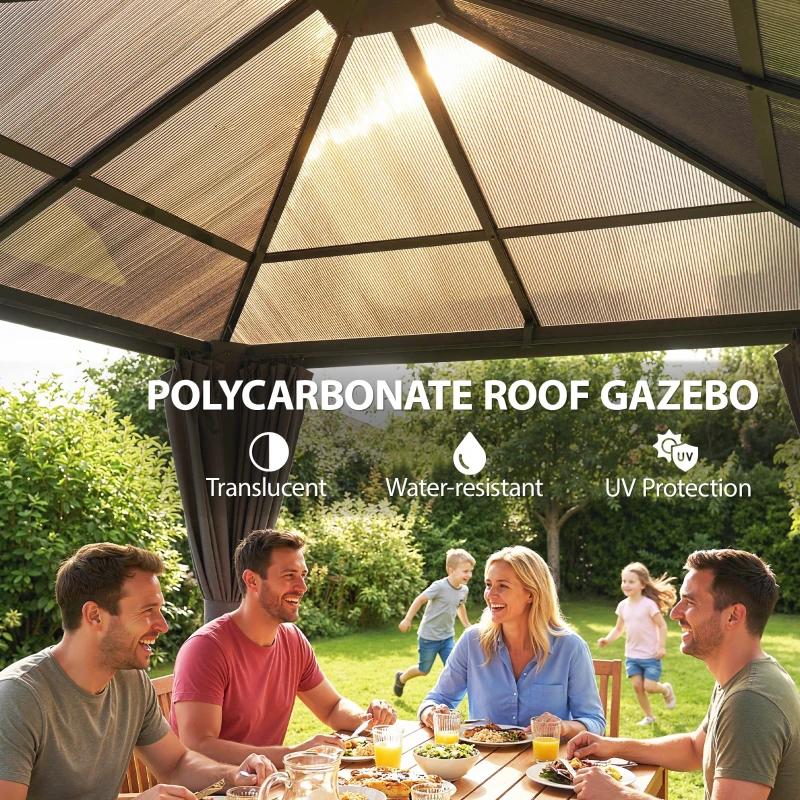 Outsunny 10' x 10' Outdoor Hardtop Gazebo Canopy with UV60+ Polycarbonate Roof, Steel Frame, Central Hook, Curtains, Light Grey