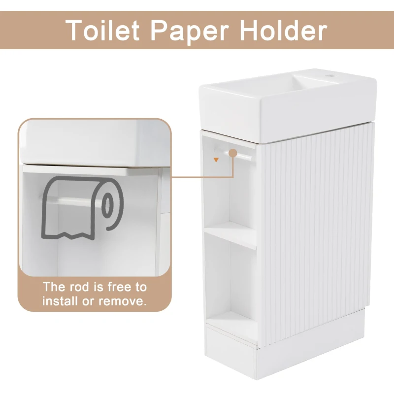 Practical Bathroom Vanity with 2-Tier Storage Shelves and Toilet Paper Holder, Compact Cabinet for Small Bathrooms, 18.5" L x 10.5" W x 33" H, White