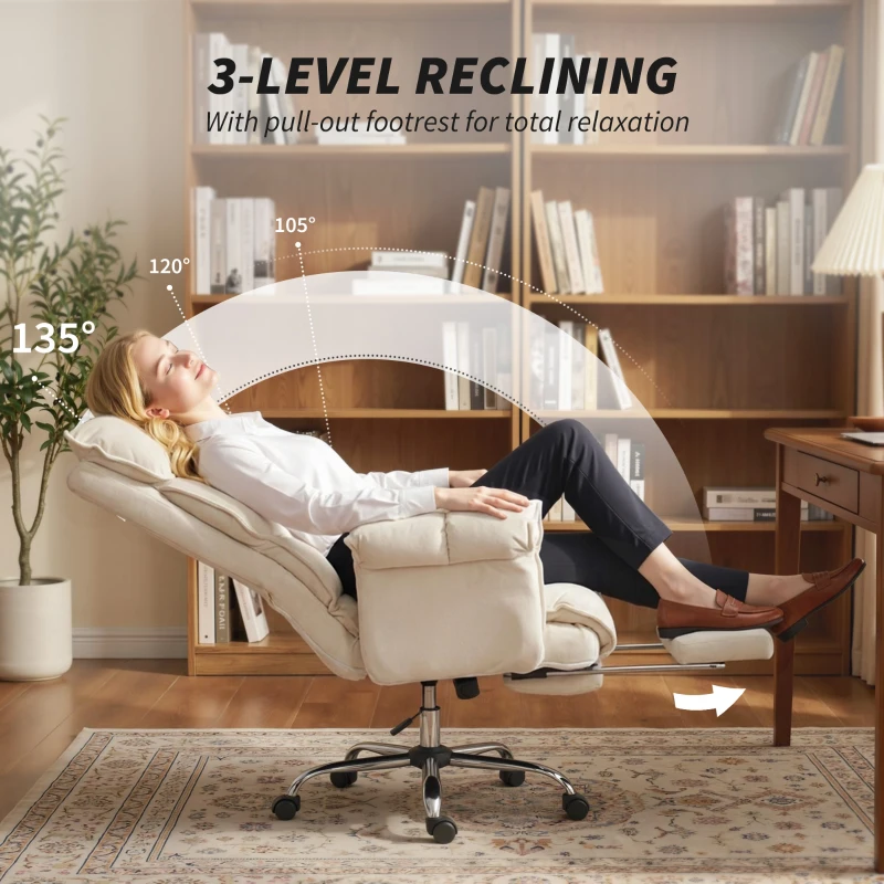 HOMCOM Desk Chair, Computer Office Chair with Footrest, Adjustable Backrest and Headrest, Cream White