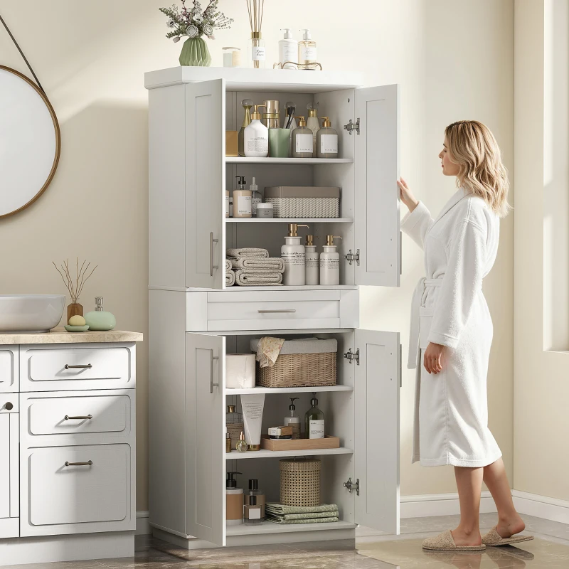 HOMCOM Modern Kitchen Pantry Freestanding Cabinet Cupboard with Doors and Drawer, Adjustable Shelving, White