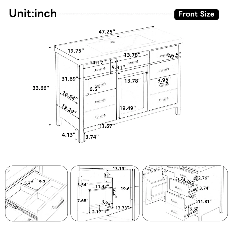 48" Bathroom Vanity with 2" Integrated Resin Sink, Multi- Drawer Vanity Cabinet with Removable Dividers and Door Racks, 47'' L x 19.5'' W x 33.5'' H, White