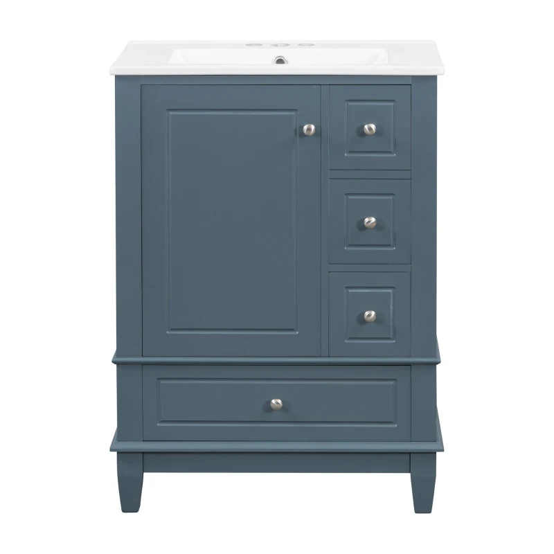 Spacious Bathroom Vanity with 3 Drawers and One-Door Cabinet, Freestanding Cabinet for Small Bathrooms, 24" L x 18.5" W x 34" H, Blue Gray