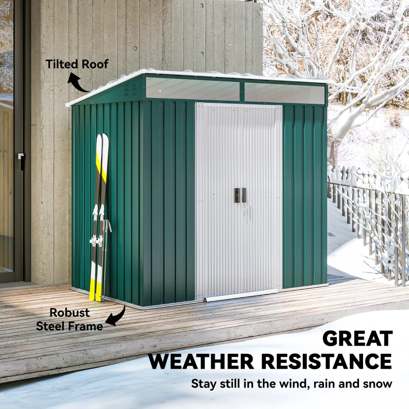 Outsunny 6.5x4FT Galvanised Metal Shed with Foundation Kit, Lockable Garden Tool Storage House with Sliding Doors, Vents, Green
