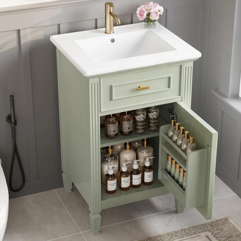 Functional Bathroom Vanity with Ceramic Sink and Tip-Out Top Drawer, Perfect Cabinet for Compact Bathrooms, 20" L x 18.5" W x 33.5" H, Green