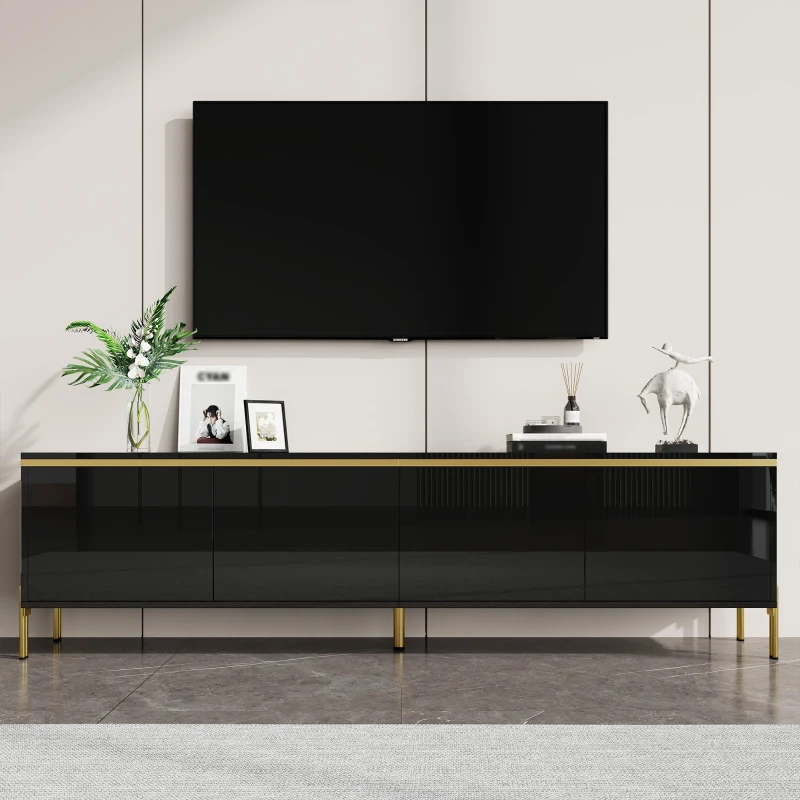 Modern High-Gloss TV Stand with Built-In Cable Management, Metal Legged TV Cabinet with Easy-Clean Surface, 67'' L x 15'' W x 19.5'' H, Black