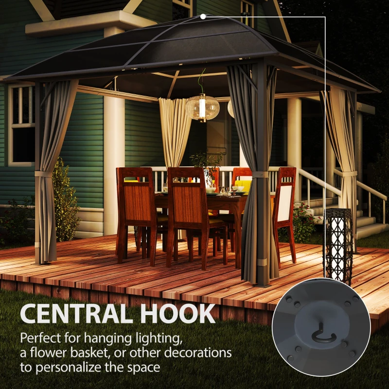 Outsunny 10' x 10' Outdoor Hardtop Gazebo Canopy with UV60+ Polycarbonate Roof, Steel Frame, Central Hook, Curtains, Light Grey