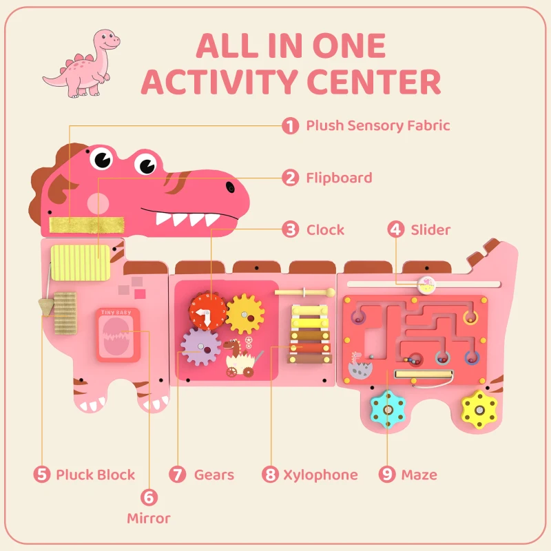 Qaba Busy Board Panels wall mounted Montessori Sensory Toys dinosaur center 87 x 52 x 5.5 cm Pink