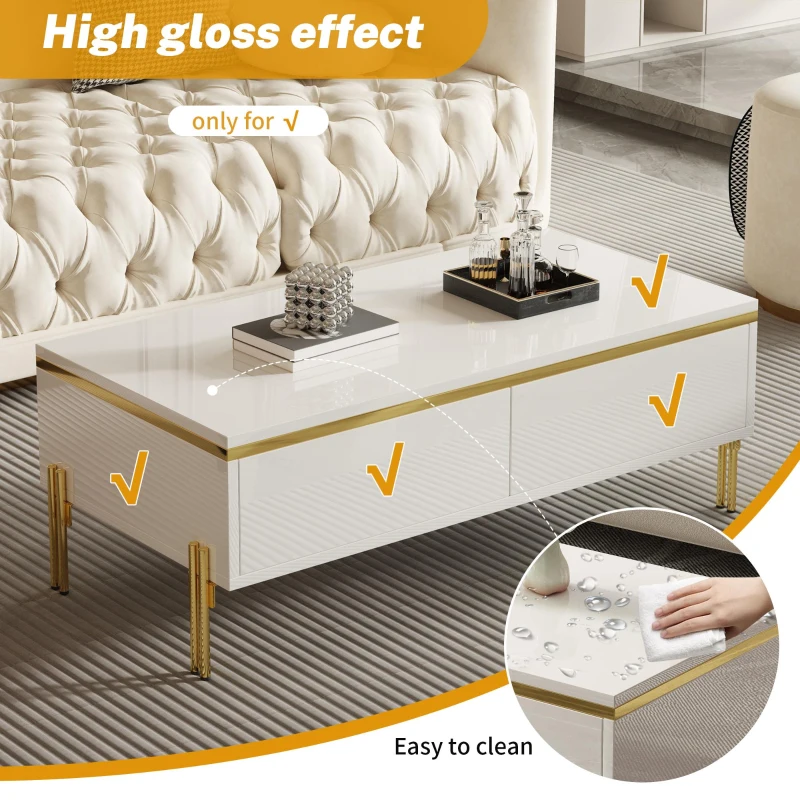 Modern High-Gloss Coffee Table with Hidden Dual Drawers, Stain-Resistant Center Table with Metal Legs, 39.5'' L x 19.5'' W x 14'' H, White