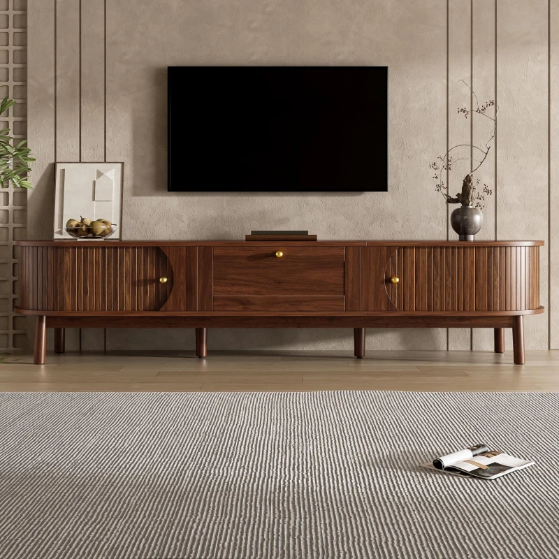 Sliding-Door TV Cabinet with Spacious Drawer and 2 Sliding Doors, Modern Wood TV Stand for Living Room, 67'' L x 15.5'' W x 15'' H, Walnut
