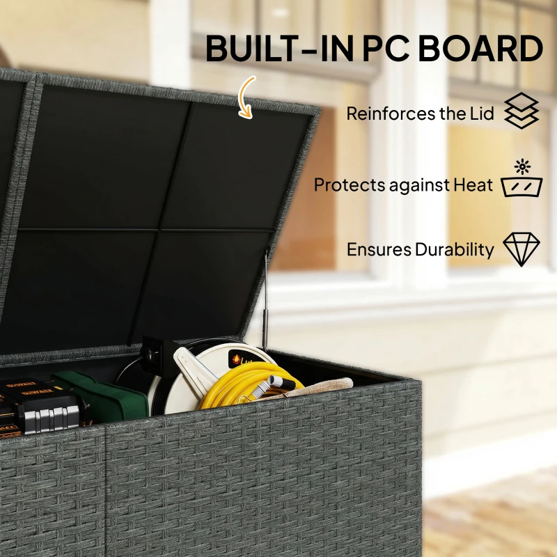 Outsunny 162 Gallon Rattan Deck Box with Wheels, Wicker Outdoor Storage Box with Waterproof Zippered Liner, Safe Pneumatic Rod
