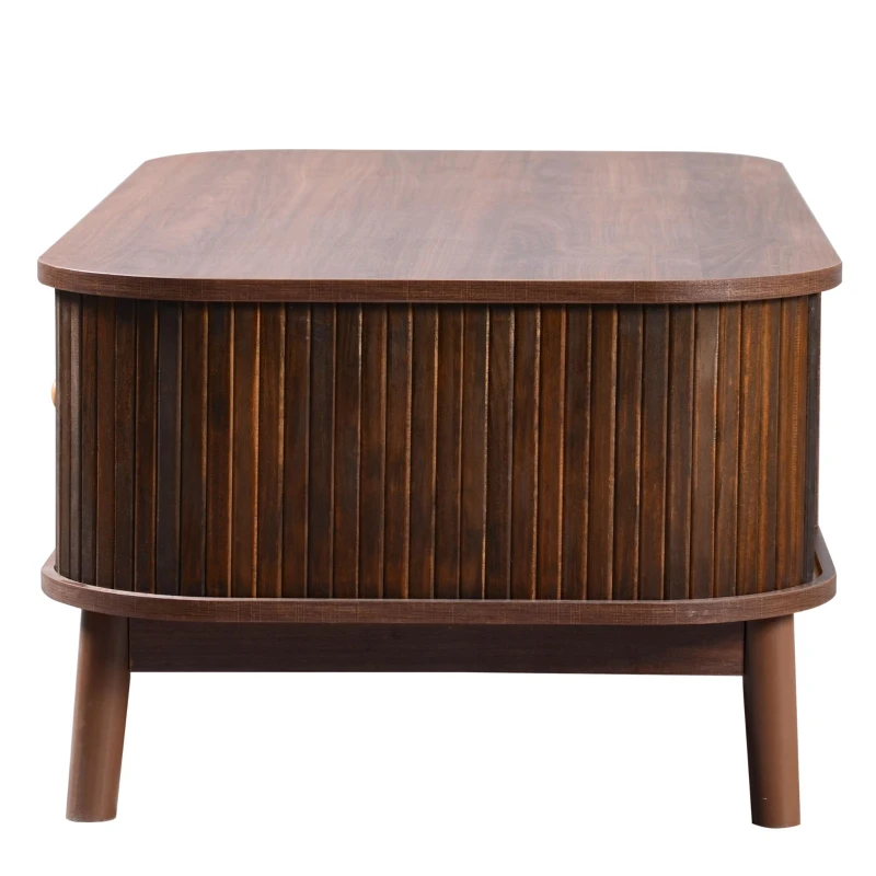 Rattan Coffee Table with Woven Drawers and Unique Sliding Cabinet Doors, Sliding Door Center table with Slatted Base, 43.5'' L x 21.5'' W x 15'' H, Wood