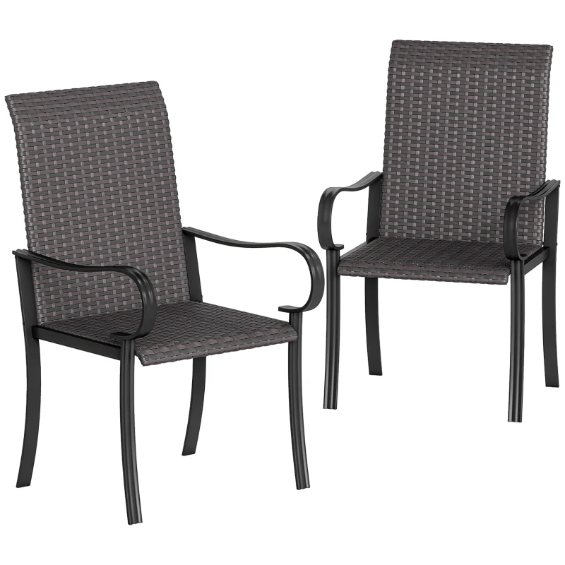 Outsunny Set of 2 Outdoor Wicker Dining Chairs with Armrest, Steel Frame, High Back and Deep Seating, Brown