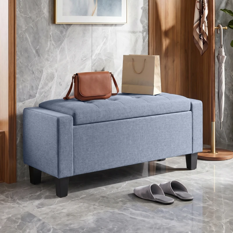 HOMCOM Storage Ottoman, Storage Bench with Wooden Legs, Tufted Armrests for Entryway, Living Room, Bedroom, 36.6", Dark Gray