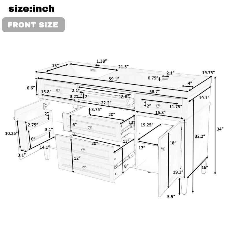 Modern Bathroom Vanity Cabinet with Soft-Close Hinges, Soft Close Storage Vanity with Adjustable Shelves, 59'' L x 19.5'' W x 34'' H, White