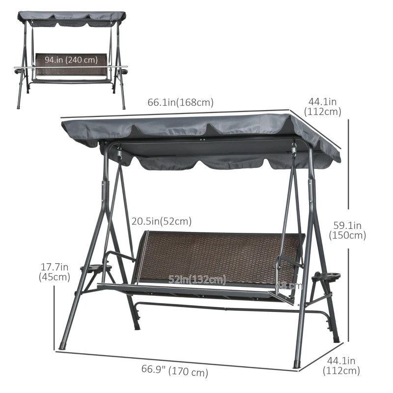 Outsunny 3-Seat Patio Swing Chair, Outdoor Canopy Swing Glider with Adjustable Shade, Rattan Seat and Steel Frame, for Porch, Garden, Poolside, Dark Grey