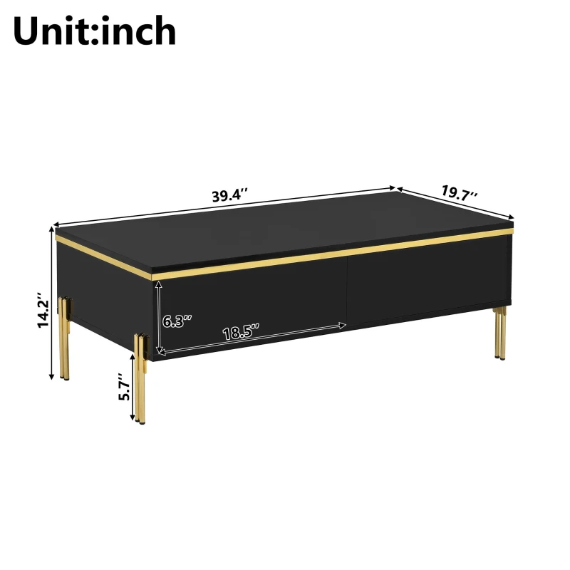 Modern High-Gloss Coffee Table with Hidden Dual Drawers, Stain-Resistant Center Table with Metal Legs, 39.5'' L x 19.5'' W x 14'' H, Black