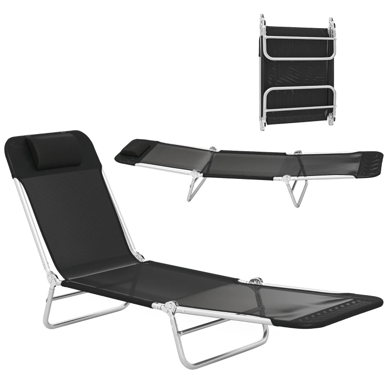 Outsunny Folding Chaise Lounge Chair, Portable Tanning Chair with Adjustable Backrest, Pillow for Beach Poolside Patio, Black