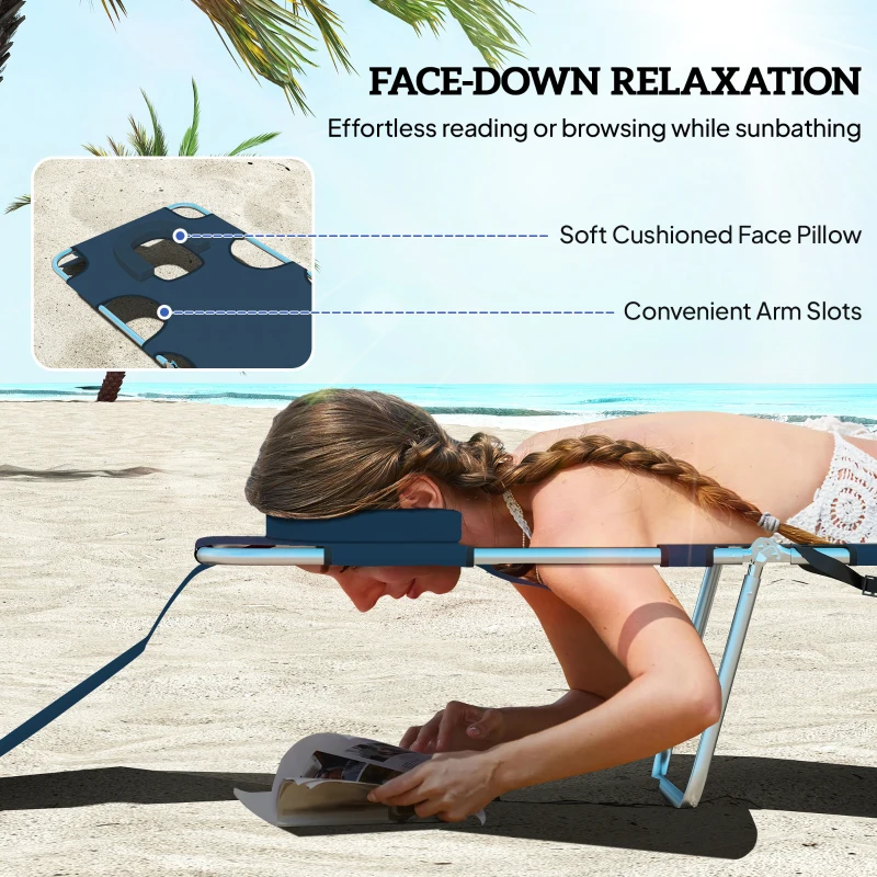 Outsunny 2 Tanning Chairs with Face Hole, 5-Level Adjustable Outdoor Chaise Lounge Chair with Pillow for Beach, Pool, Dark Blue