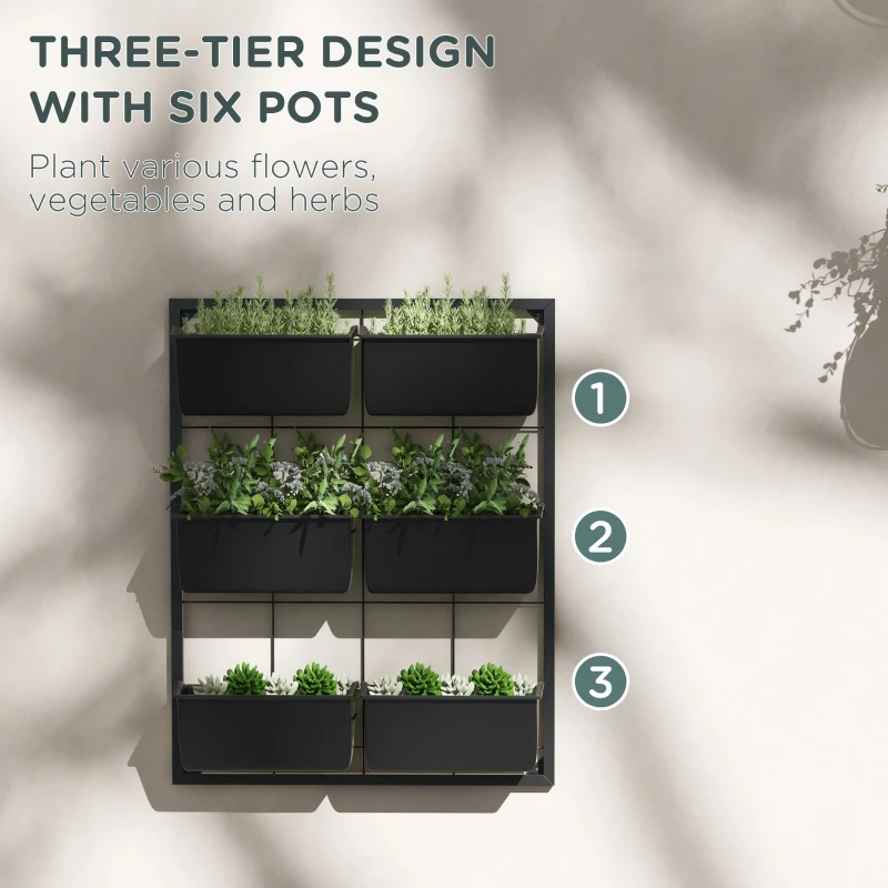 Outsunny 3-Tier Wall Planter with 6 Pots for Indoor and Outdoor Use, Hanging Plant Holder, Self Draining Wall Mounted Planter