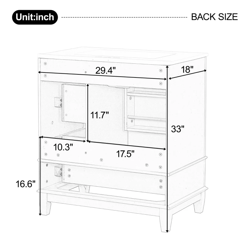 Stylish Bathroom Vanity with Easy-Clean Ceramic Sink and 3 Pre-Drilled Holes, Ideal Cabinet for Modern Bathrooms, 30" L x 18.5" W x 33.5" H, Black