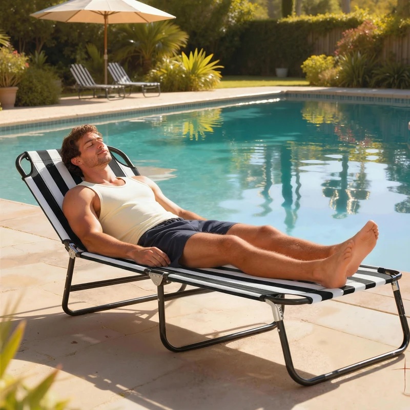 Outsunny Portable Folding Adjustable Sun Beach Lounger / Camping Cot - Black and White