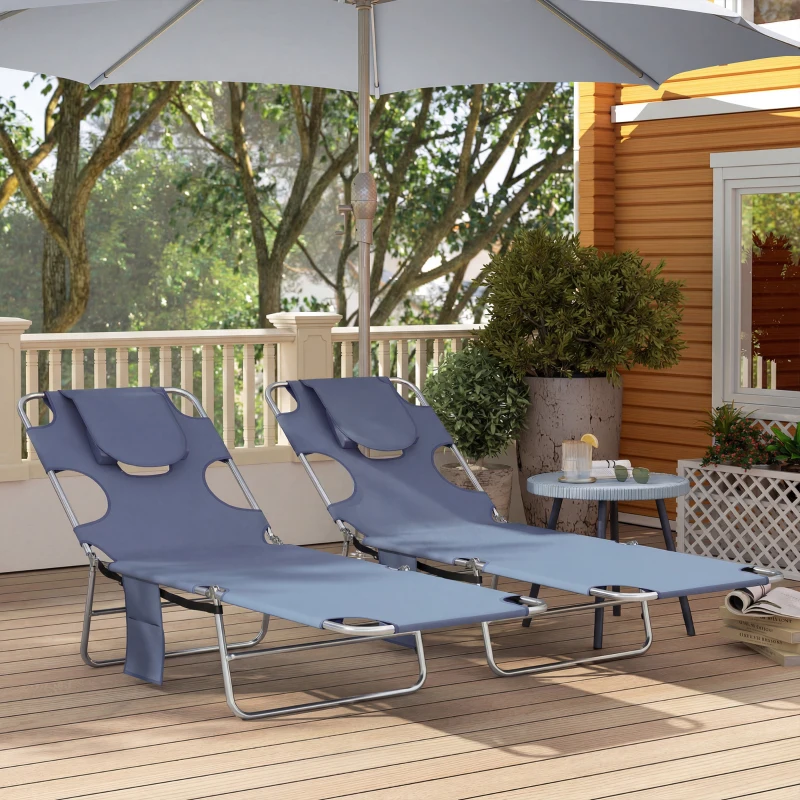 Outsunny 2 Tanning Chairs with Face Hole, 5-Level Adjustable Outdoor Chaise Lounge Chair with Pillow for Beach, Pool, Gray