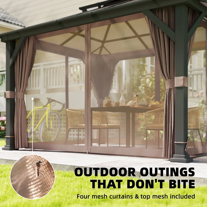 Outsunny 10' x 12' Hardtop Gazebo Canopy with Double PC Roof, Steel Permanent Outdoor Gazebo with Curtains and Netting, Khaki