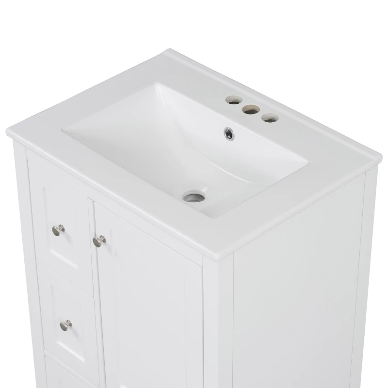 Ample Bathroom Vanity with 2 Upper Drawers and Removable Bottom Drawer, Ideal Cabinet for Small Bathrooms, 24" L x 18.5" W x 34" H, White