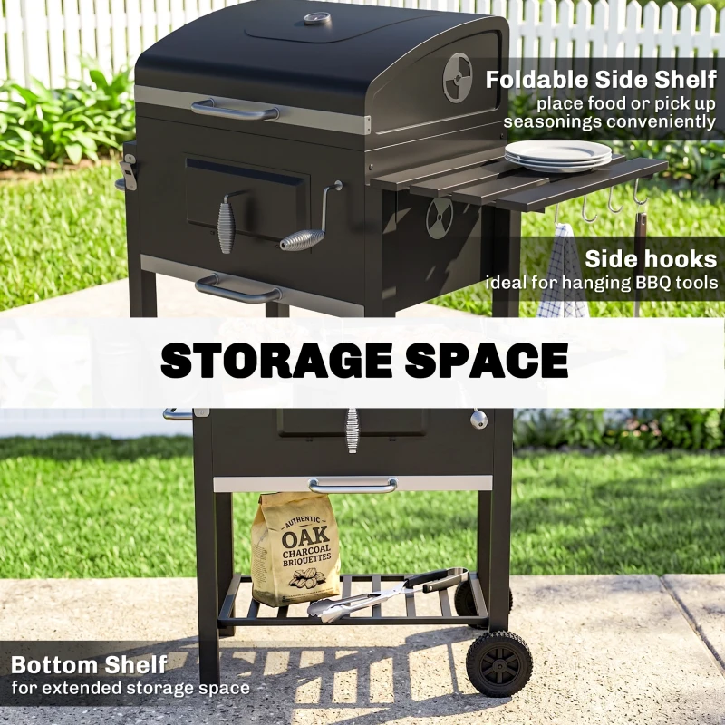Outsunny Charcoal BBQ Grill and Smoker Combo Outdoor Portable Trolley Camping Picnic Backyard with Side Shelf, Black