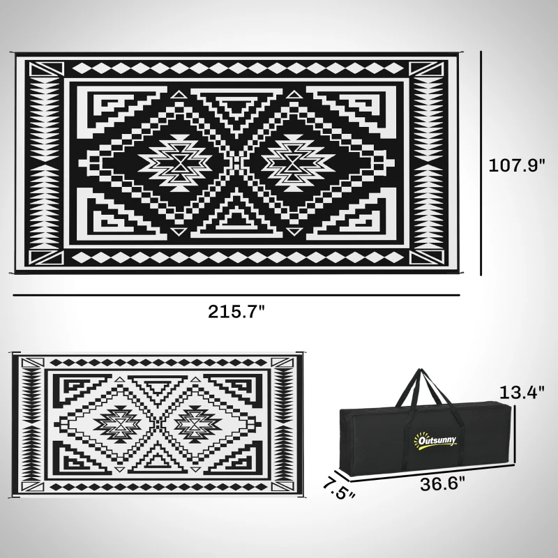 Outsunny Reversible Outdoor Rug, Waterproof Plastic Straw with Carry Bag, 9' x 18', Black & White Square Patchwork