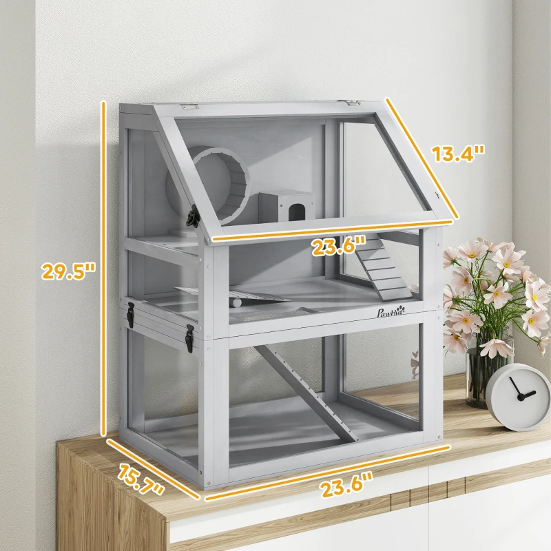 PawHut 3 Tier Wooden Hamster Cage w/ Detachable Bottom, Hut, Seesaw, Exercise Wheel, Ramps, 24" x 16" x 29.5"