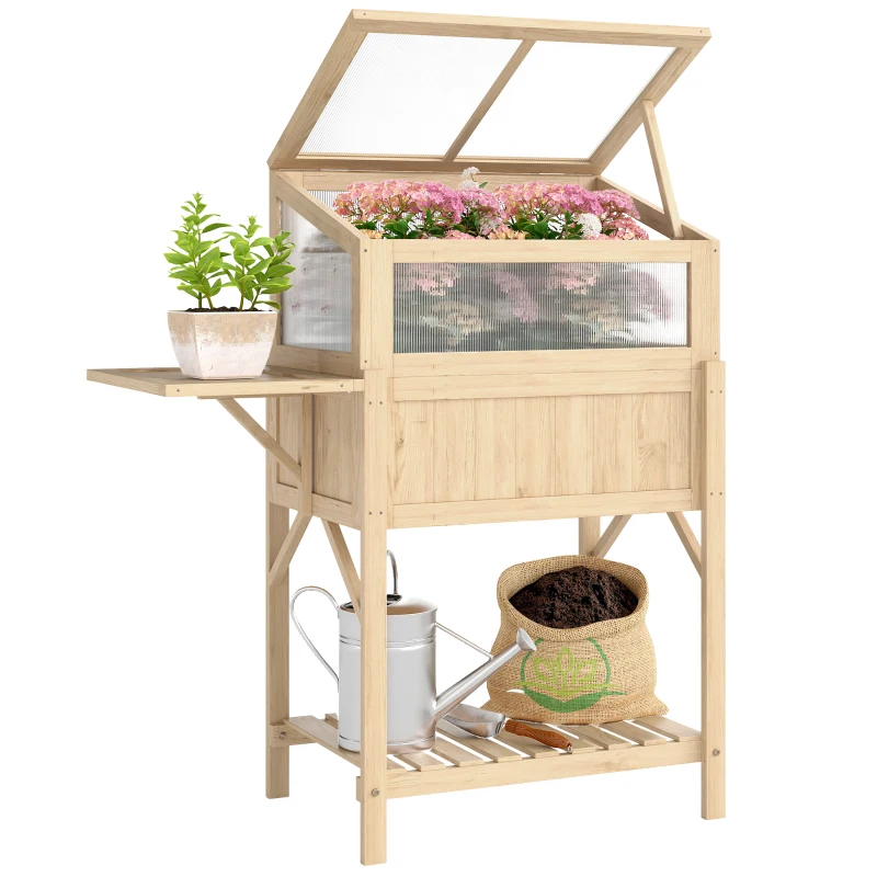 Outsunny Raised Garden Bed Planter with Cold Frame, Wooden Elevated Planter Box with Folding Side Table and Shelf, Natural Wood