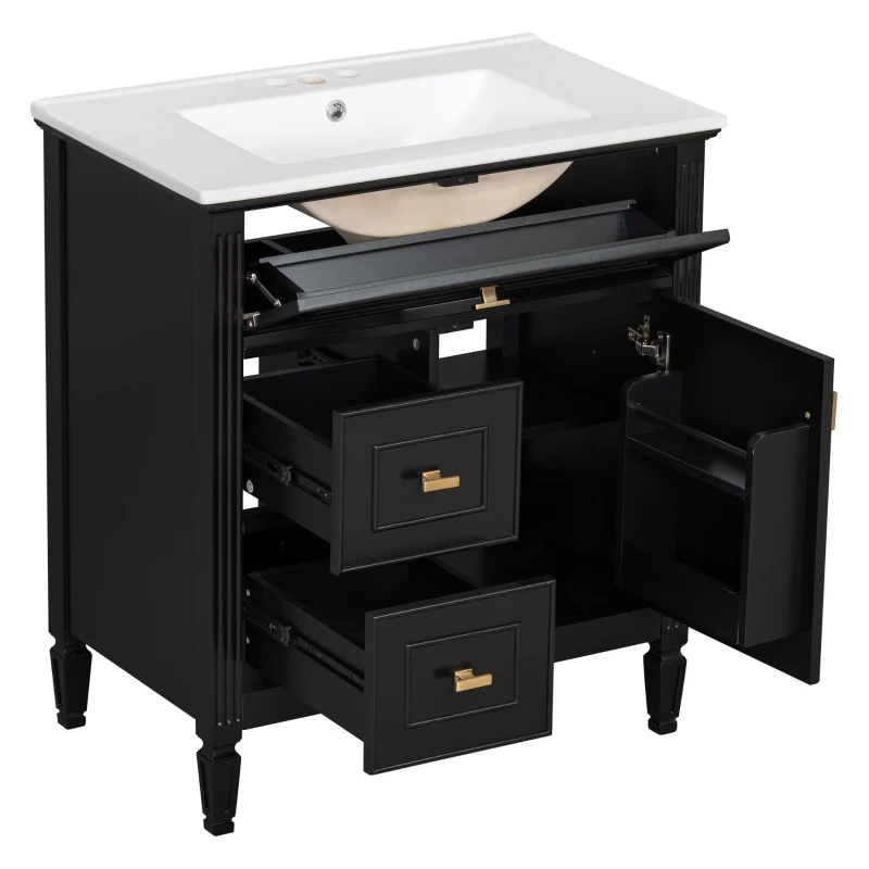 Spacious Vanity with Tip-Out Top Drawer and 2 Left-Side Drawers, Ideal Cabinet for Small-To-Medium Bathrooms, 30" L x 18.5" W x 33.5" H, Black