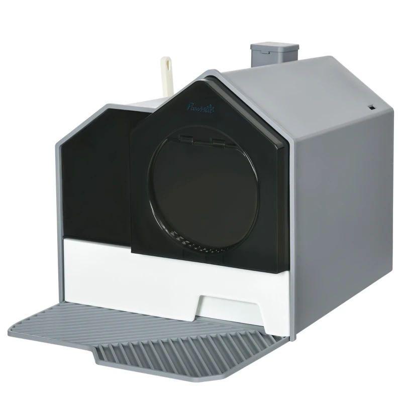 PawHut Hooded Cat Litter Box w/ Litter Mat, Litter Particle Catching, Gray