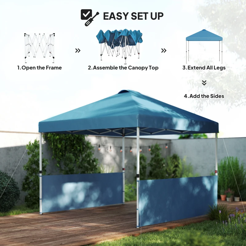Outsunny 10' x 10' Pop Up Canopy Tent with 2 Half Sidewalls, UV50+ Instant Sun Shelter with Wheeled Carry Bag, Sea Blue