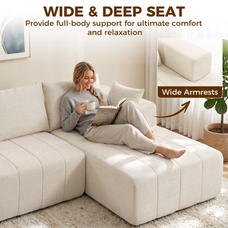 HOMCOM 101" Modular Sectional Sofa with Chaise, Chenille Boneless Cloud Sofa Bed, 3 Seater L-Shaped Couch, No Assembly, Beige