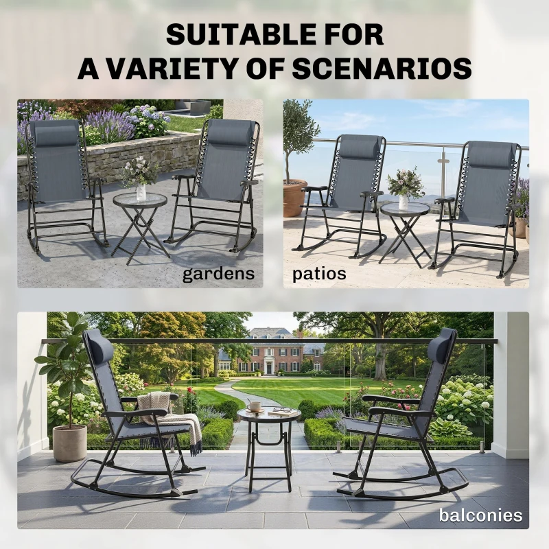 Outsunny 3pc Patio Rocking Chair Set, Folding Outdoor Rocking Chairs and Table Bistro Set w/ Breathable Mesh Seat & Backrest, Headrest for Park, Backyard, Garden, Grey