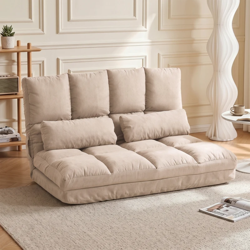 HOMCOM Convertible Floor Sofa Chair, Folding Couch Bed, Guest Chaise Lounge with 2 Pillows, Adjustable Backrest and Headrest, 40.25" L, Beige