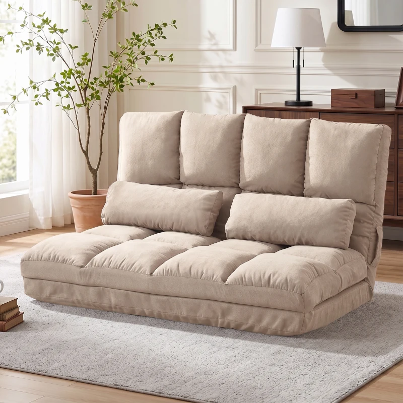 HOMCOM Convertible Floor Sofa Chair, Folding Couch Bed, Guest Chaise Lounge with 2 Pillows, Adjustable Backrest and Headrest, 40.25" L, Beige