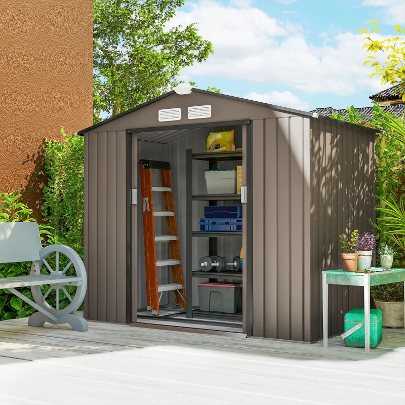 Outsunny 7' x 4' x 6' Garden Storage Shed Outdoor Patio Metal Tool Storage House w/ Foundation Kit and Double Doors Brown