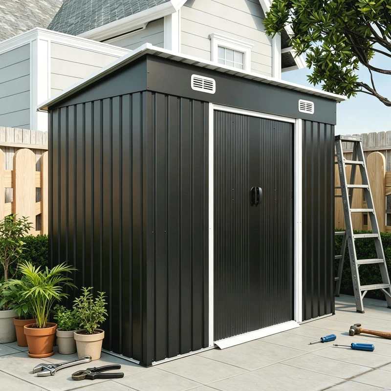 Outdoor Metal Storage Shed with Sliding Double Doors, Galvanized Steel Tool House with Lock‑Ready Holes, 94'' L x 48.5'' W x 71'' H, Black