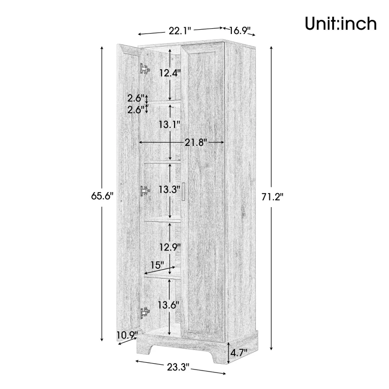 Multi-functional Storage Cabinet with Adjustable and Fixed Shelves, Tall Organizer Cabinet for Bathroom and Office, 23.5'' L x 17'' W x 71'' H, White