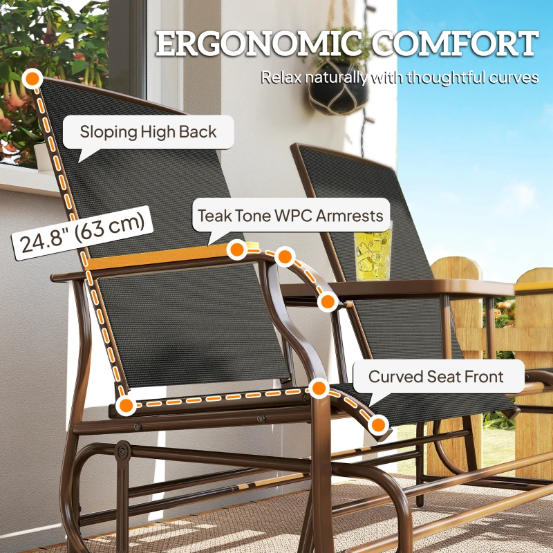 Outsunny Outdoor 2-Person Glider Bench, Outside Swing Glider Chair Loveseat with Breathable Mesh, Table, Steel Frame