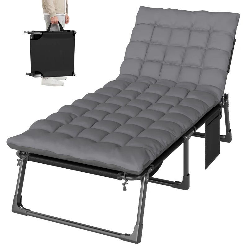 Outsunny 29.5" Wide Folding Chaise Lounge Chair Outdoor Tanning Chair, Camping Cot with Cushion, Side Pocket, Dark Grey