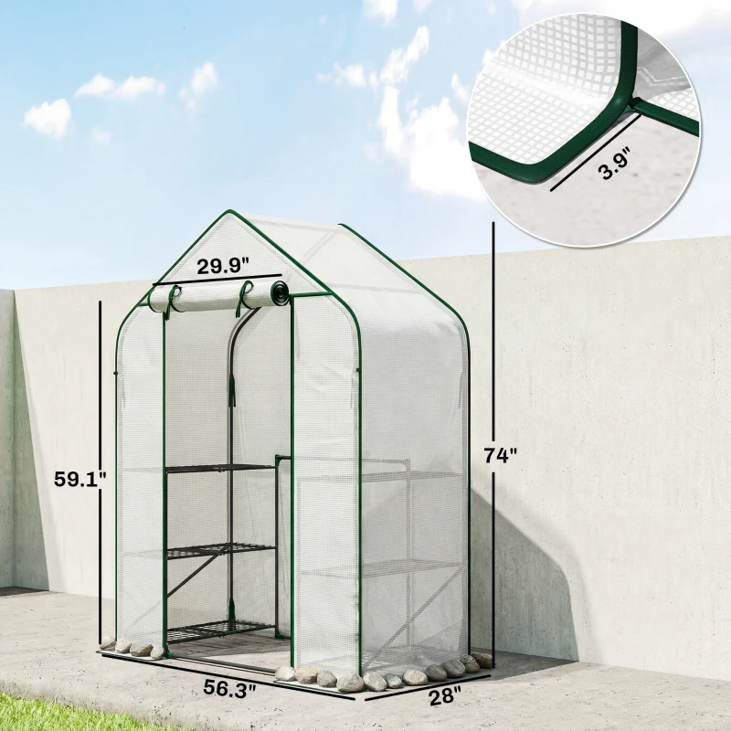 Outsunny Greenhouse for Outdoors, Portable Greenhouse with 6 Shelves, UV-Resistant PE Cover, Roll-Up Door, White