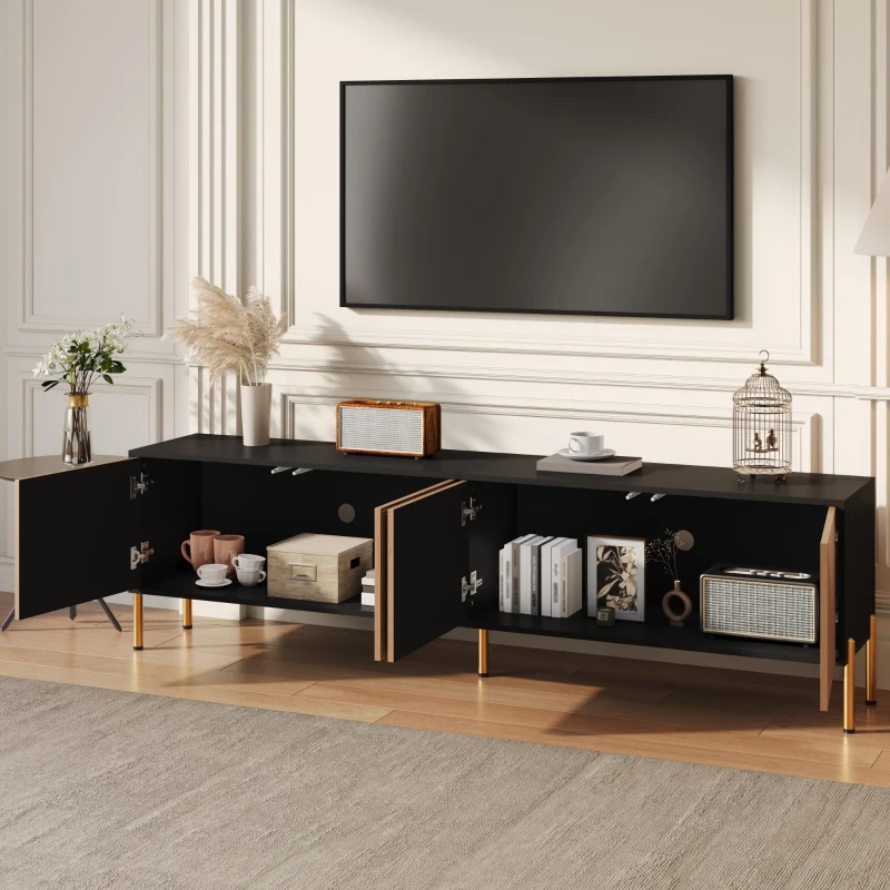 Modern TV Cabinet with Spacious Fully Enclosed Media Storage, Handle-Free 4-Door TV Stand with Slim Metal Legs, 70.5'' L x 14'' W x 21'' H, Black