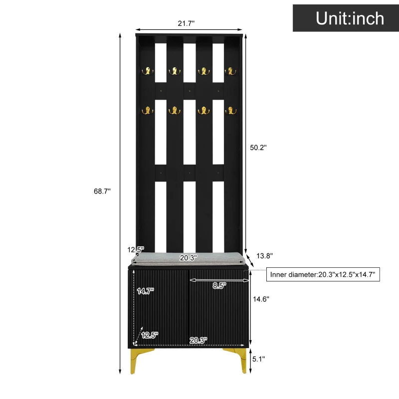 Coat Rack and Shoe Bench Set with Cushioned Seat and Adjustable Shelves, Entry Storage Unit with Wave-Panel Doors, 21.5'' L x 14'' W x 68.5'' H, Black
