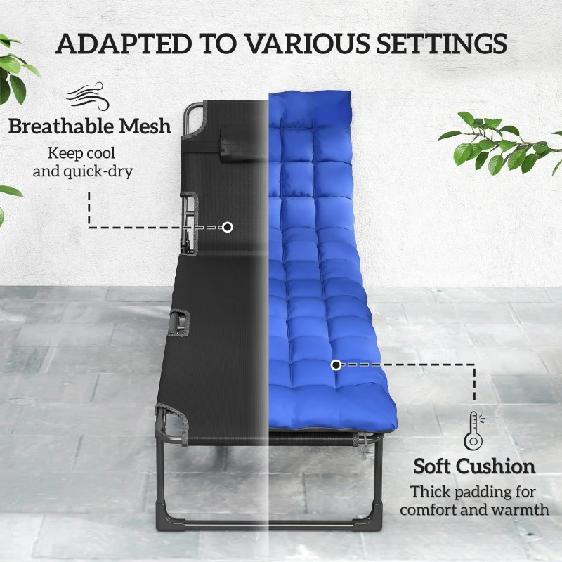 Outsunny 29.5" Wide Folding Chaise Lounge Chair Outdoor Tanning Chair, Camping Cot with Cushion, Side Pocket, Grey/Blue
