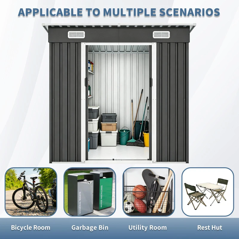 6x4ft Metal Shed with Ventilation Grilles and Sturdy Threshold, Galvanized Steel Outdoor Storage with Sliding Double Doors,77'' L x 48'' W x 71'' H, Black