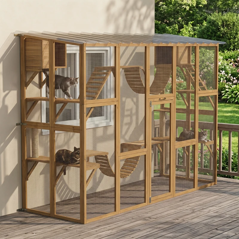 PawHut Catio Playground Cat Window Box Outside Enclosure for Multiple Cats w/ Shelves & Bridges, Yellow